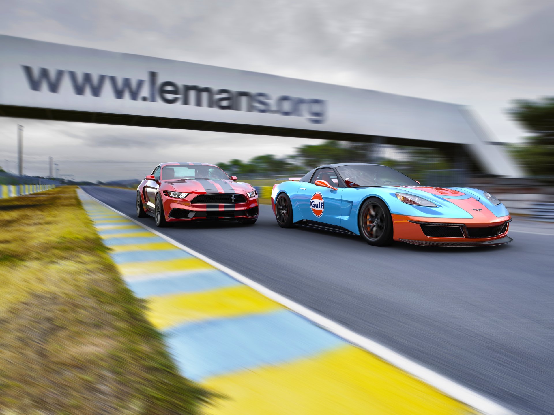 4K Ultra HD PC desktop wallpaper: red Ford Shelby GT500 and blue-orange Chevrolet Corvette racing on Le Mans - sports car vehicles representing Chevrolet and Ford