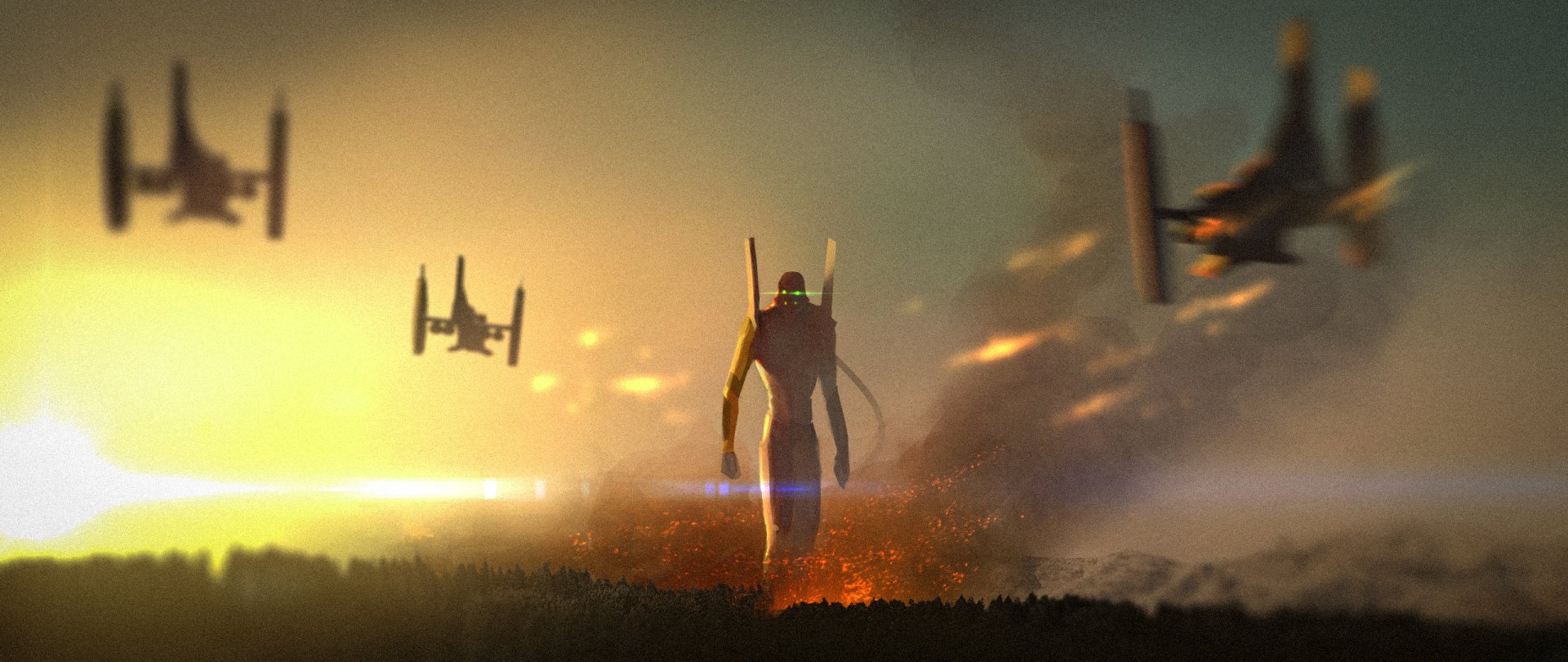 Evangelion Unit-02 stands against a fiery anime sunset with flying robots in the background, inspired by End of Evangelion, captured in a stunning HD PC desktop wallpaper.