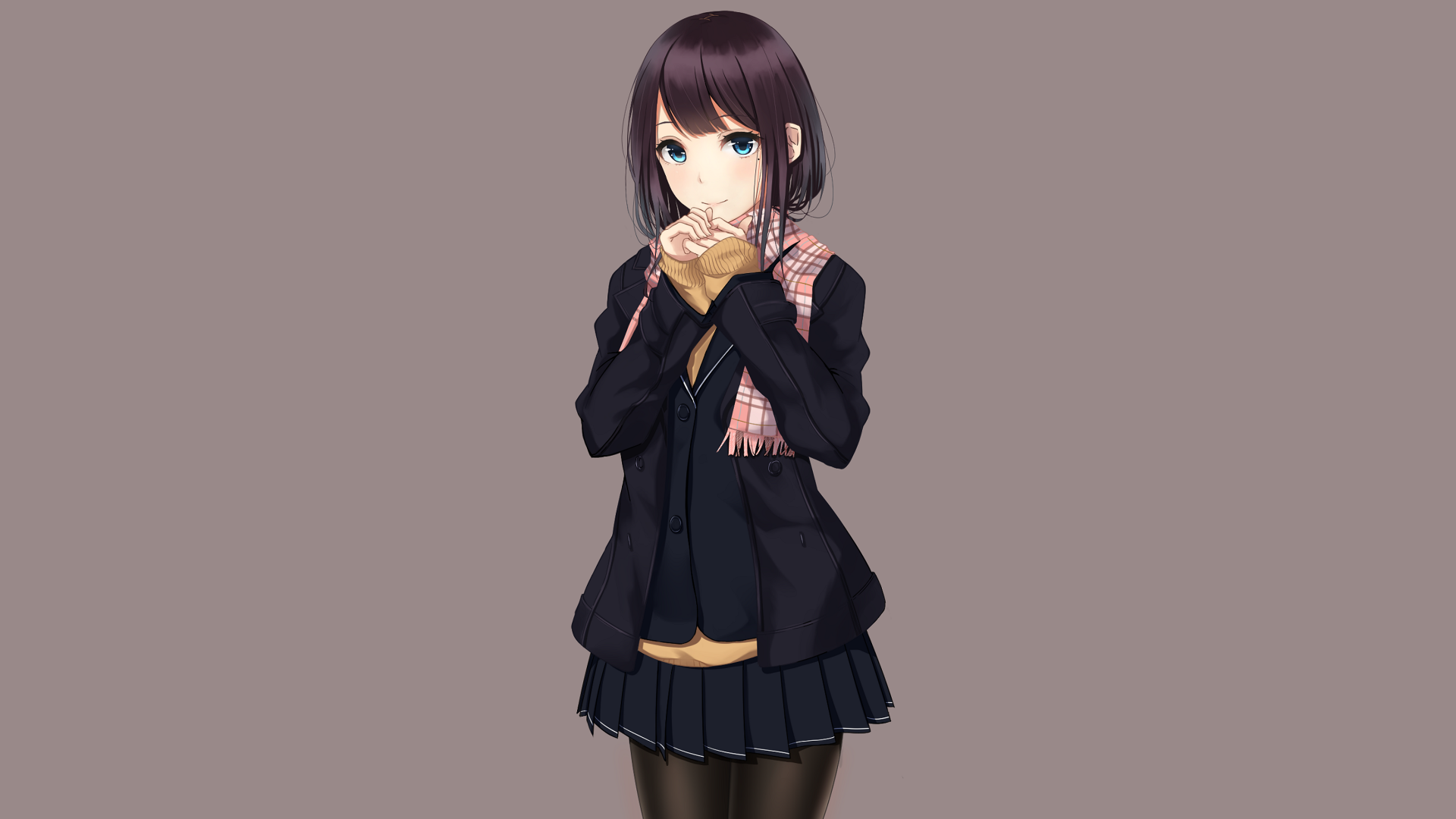 HD desktop wallpaper featuring an anime girl with blue eyes and black hair, dressed in a school uniform and a skirt, smiling sweetly.