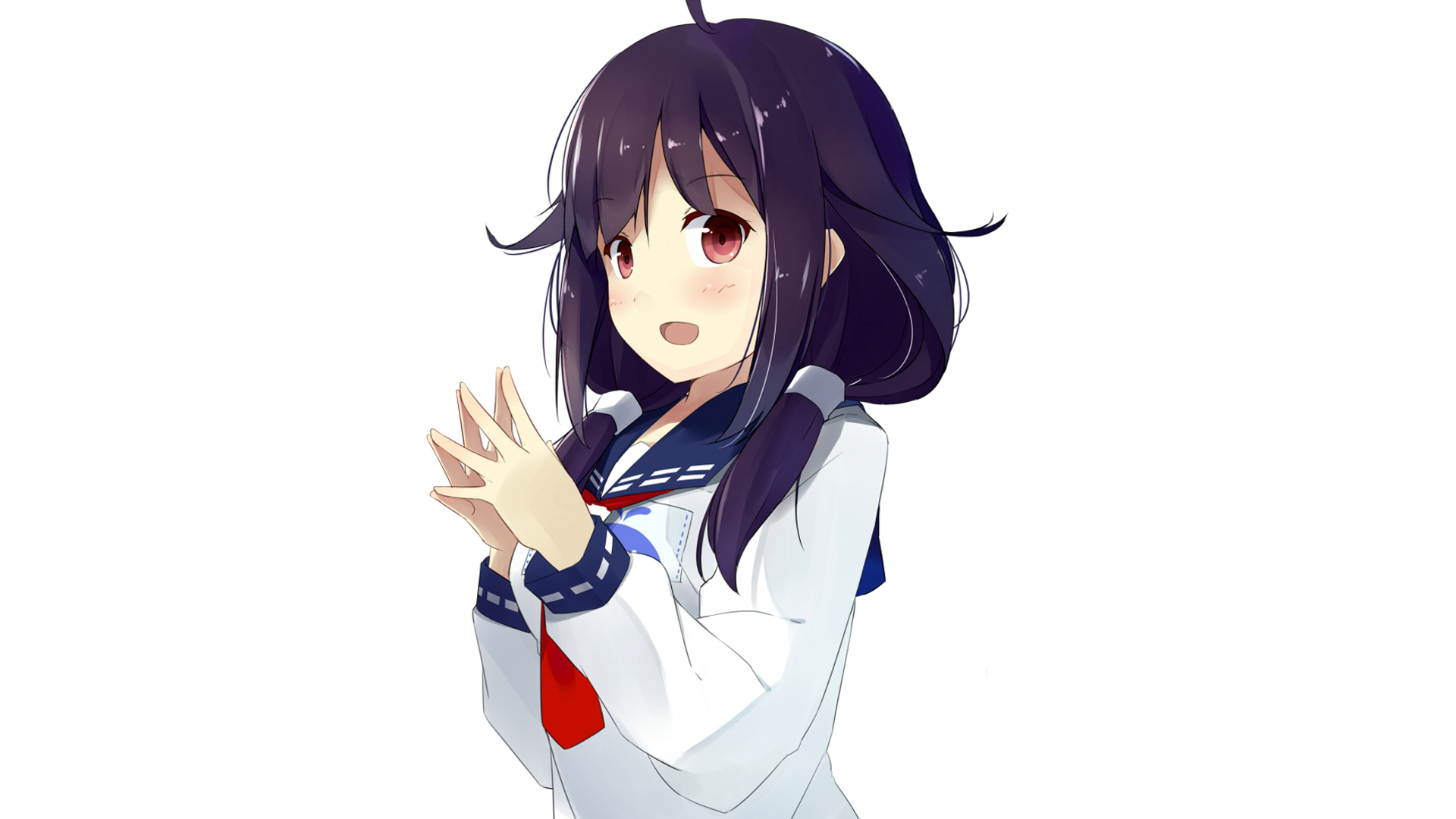 Anime-style original character with long purple hair and red eyes, wearing a school uniform, smiling against a white background in HD quality.
