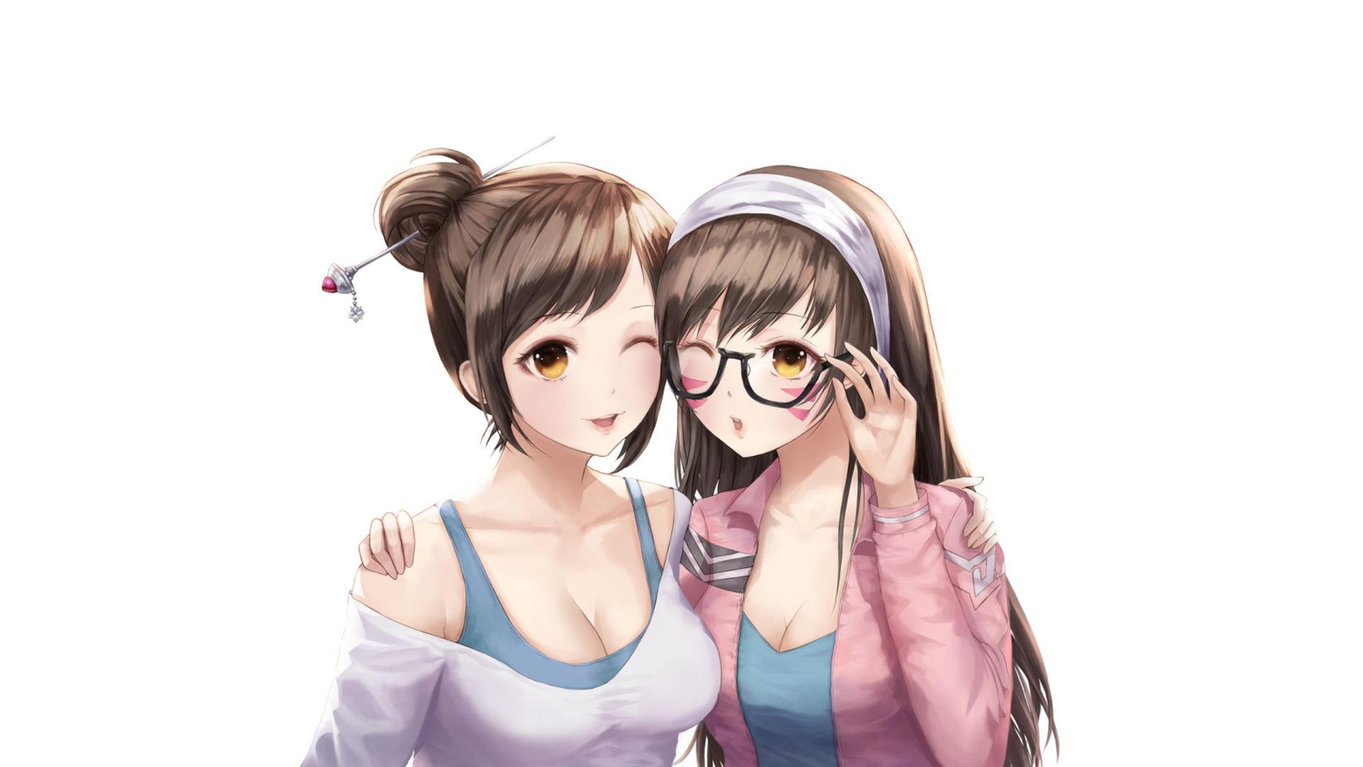 HD desktop wallpaper featuring D.Va and Mei from Overwatch, both with yellow eyes and long hair; D.Va wears glasses and Mei has her hair in a bun.