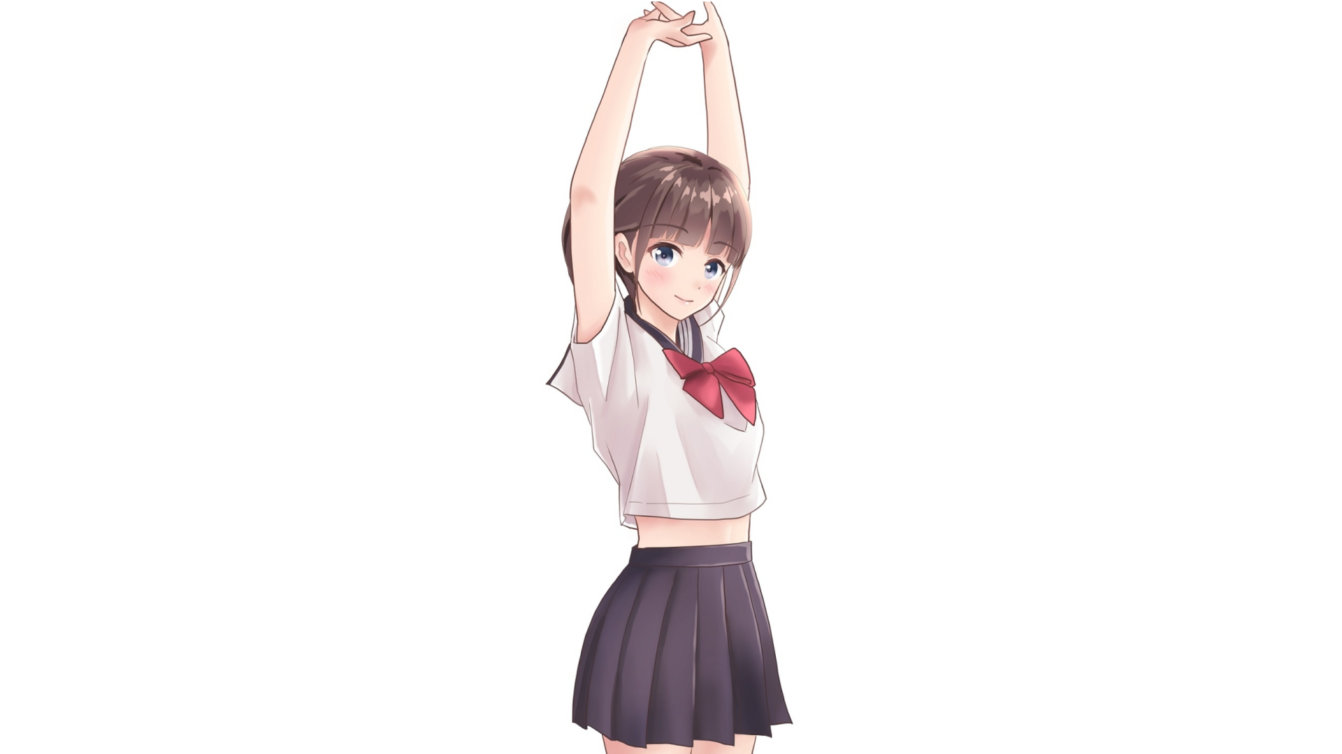 Original anime 2K Quad HD PC wallpaper: smiling brown-haired girl with blue eyes in a school uniform and pleated skirt, stretching with arms raised.