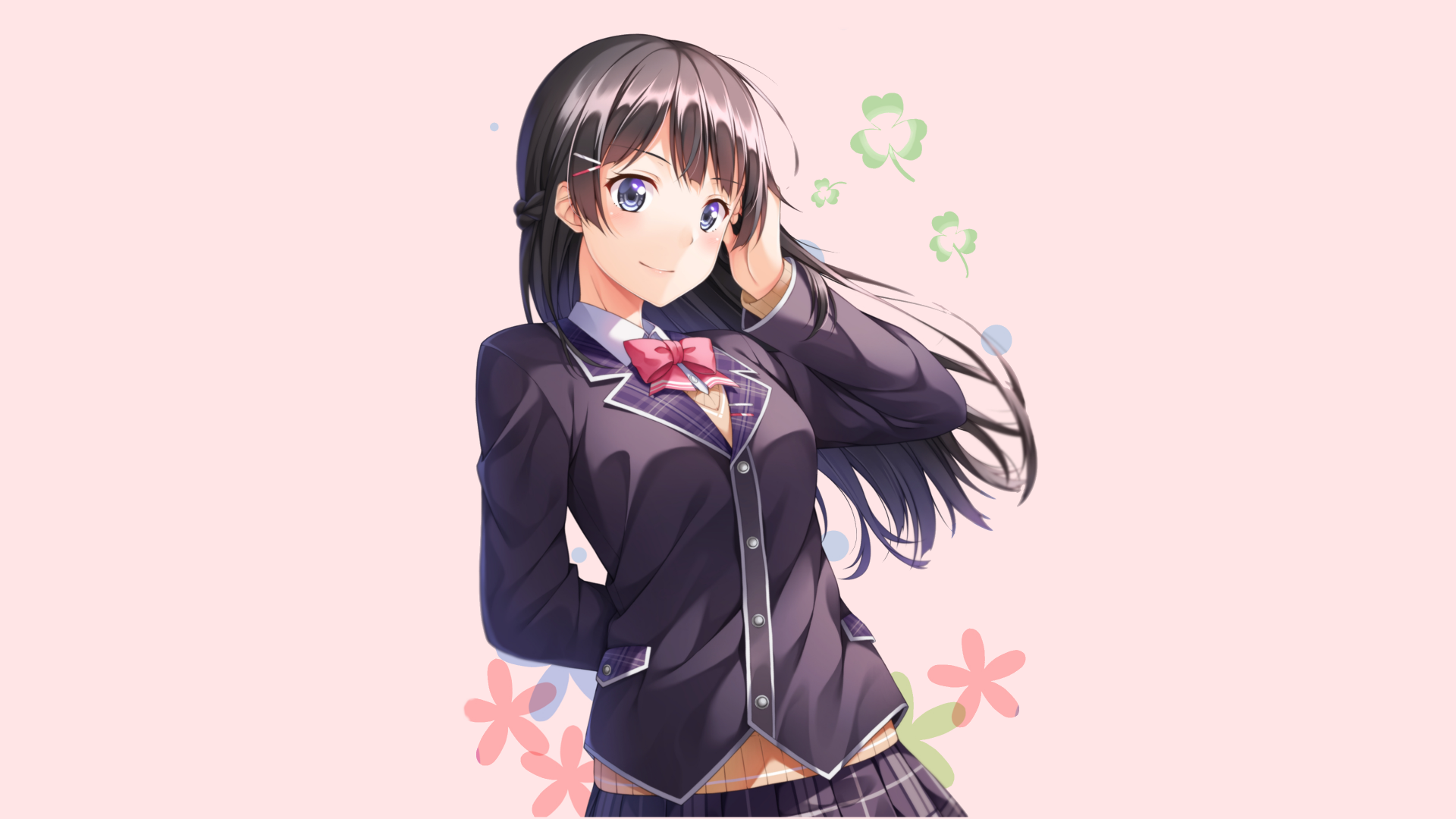 HD desktop wallpaper featuring Tsukino Mito, an anime-style Virtual YouTuber with black hair, wearing a school uniform. The soft pink background is adorned with floral and clover designs.