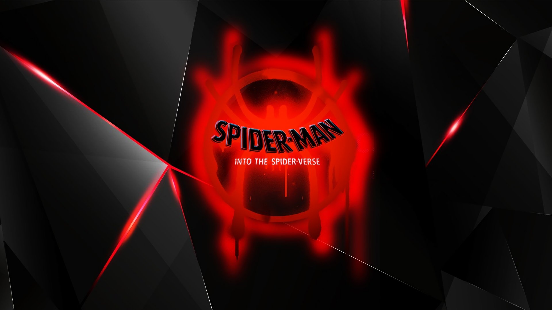 4K Ultra HD PC desktop wallpaper featuring a glowing red Spider-Man logo from the movie Spider-Man: Into The Spider-Verse on a sleek black geometric background.