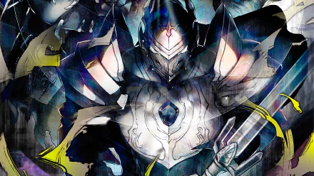 An HD desktop wallpaper depicting Touch Me from the anime Overlord, clad in intricate armor, holding a sword, and wearing a helmet. The dark, detailed design highlights the character's formidable presence.