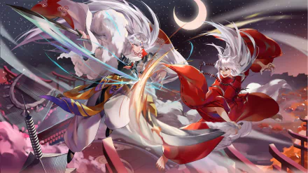 HD desktop wallpaper featuring Sesshōmaru and InuYasha in an epic battle scene under a crescent moon. The vibrant anime artwork captures the dynamic action and detail of the characters from the InuYasha series.