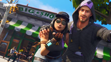 HD desktop wallpaper featuring Fortnite Battle Royale characters posing in front of the Big Shots coffee shop in a colorful, animated setting. The image is tagged for Fortnite and video game backgrounds.