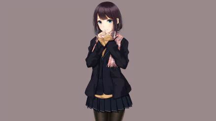 HD desktop wallpaper featuring an anime girl with blue eyes and black hair, dressed in a school uniform and a skirt, smiling sweetly.