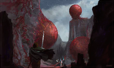 HD PC desktop wallpaper of a cloaked fantasy warrior with sword confronting towering red organic spires and glowing orb structures beneath a stormy sky.