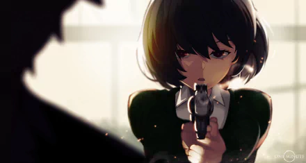 HD anime desktop wallpaper featuring a short-haired character aiming a gun with a determined expression in a dramatic, high-contrast scene.