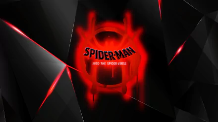 4K Ultra HD PC desktop wallpaper featuring a glowing red Spider-Man logo from the movie Spider-Man: Into The Spider-Verse on a sleek black geometric background.