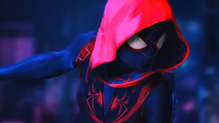 HD desktop wallpaper featuring Peter Parker from Spider-Man: Into The Spider-Verse, showcasing Spider-Man in his iconic suit with a red hood against a vibrant backdrop.