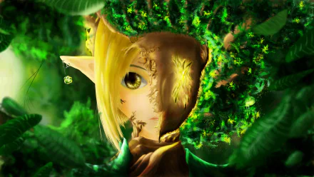 HD fantasy portrait of a blonde elf with intricate facial markings, set against a vibrant, lush green forest background.