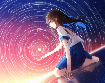 Anime-style HD desktop wallpaper of a long-haired girl with blue eyes holding a glowing star, set against a swirling starry sky with vibrant blue and pink hues.