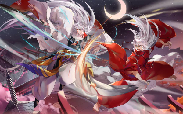 HD desktop wallpaper featuring Sesshōmaru and InuYasha in an epic battle scene under a crescent moon. The vibrant anime artwork captures the dynamic action and detail of the characters from the InuYasha series.