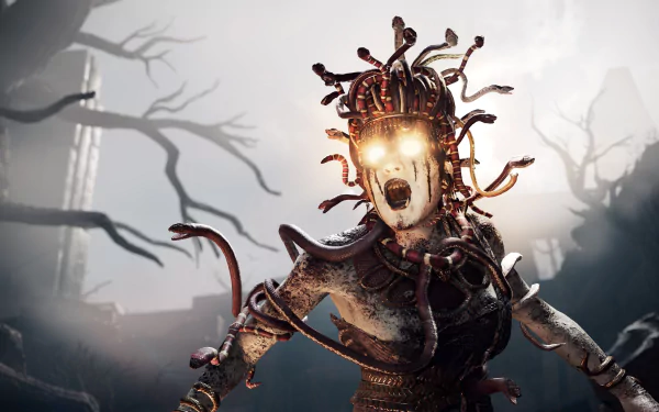 Medusa from Assassin's Creed Odyssey depicted in detailed 4K Ultra HD, glowing eyes and serpentine hair set against a dark, eerie background for PC desktop wallpaper.