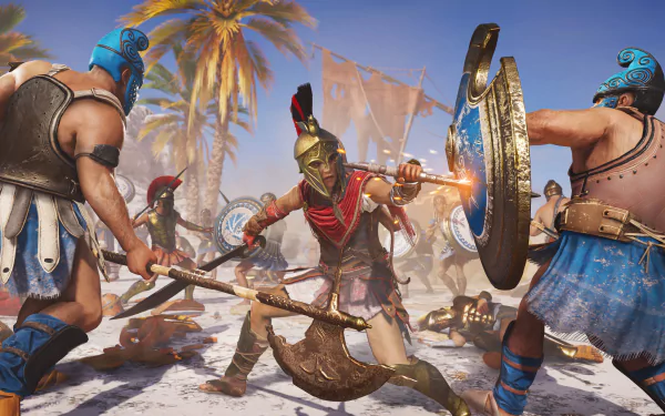 Kassandra from Assassin's Creed Odyssey clashes with armored hoplites on a sunlit beach — 4K Ultra HD PC desktop wallpaper.