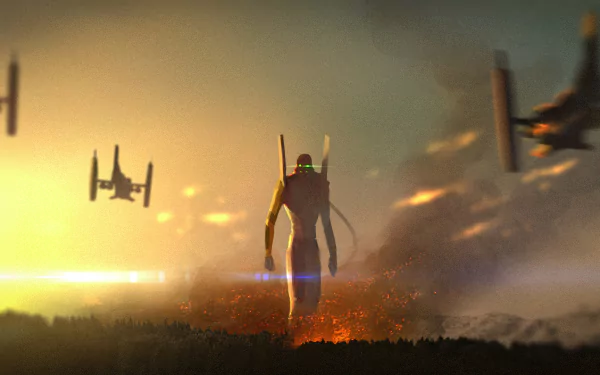 Evangelion Unit-02 stands against a fiery anime sunset with flying robots in the background, inspired by End of Evangelion, captured in a stunning HD PC desktop wallpaper.