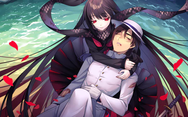 HD anime desktop wallpaper featuring Sakamoto Ryōma from Fate/Grand Order and Oryou from Fate/KOHA-ACE in an intense, dramatic underwater scene with flowing petals.