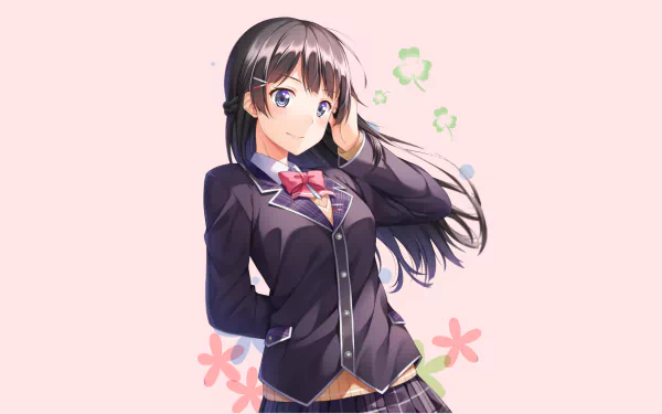 HD desktop wallpaper featuring Tsukino Mito, an anime-style Virtual YouTuber with black hair, wearing a school uniform. The soft pink background is adorned with floral and clover designs.