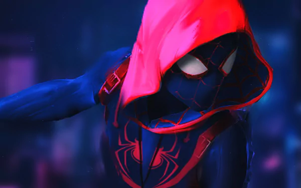 HD desktop wallpaper featuring Peter Parker from Spider-Man: Into The Spider-Verse, showcasing Spider-Man in his iconic suit with a red hood against a vibrant backdrop.