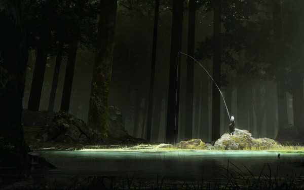Anime Forest Fishing Rod Lake Long Hair HD Wallpaper | Background Image