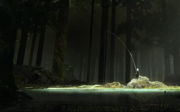An anime character with long hair stands on a rock by the lake, holding a fishing rod in a serene forest. HD desktop wallpaper and background.