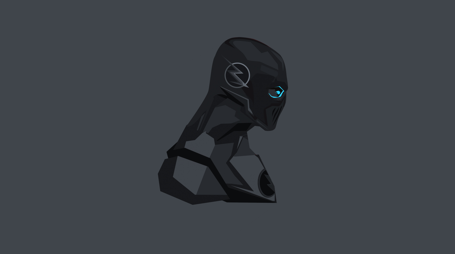 A sleek, minimalist 4K Ultra HD desktop wallpaper of Black Flash comic character bust with glowing blue eyes against a dark background.