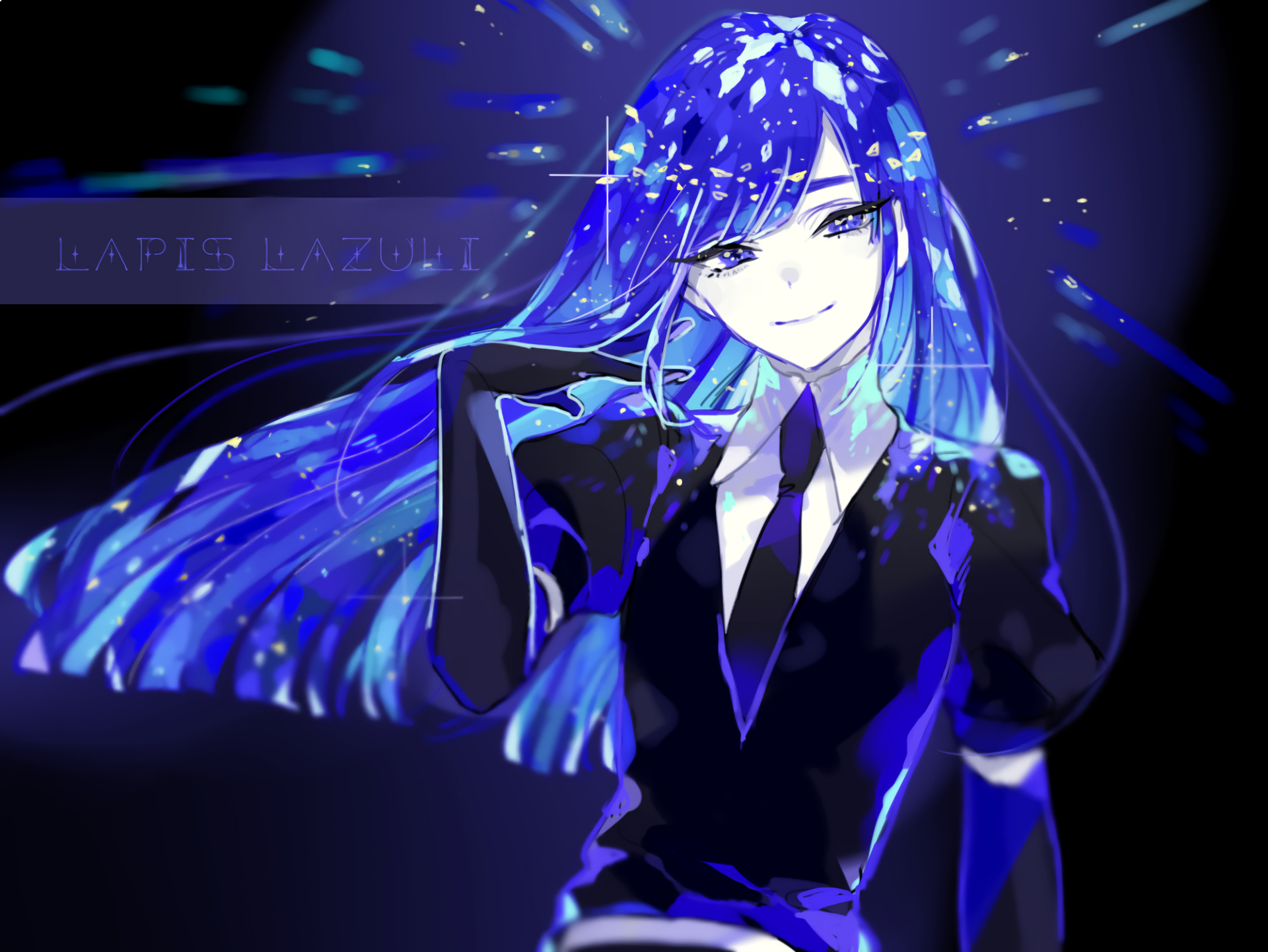HD anime desktop wallpaper featuring Lapis Lazuli from Land of the Lustrous, showcasing vibrant blue tones and sparkling crystal-like effects.