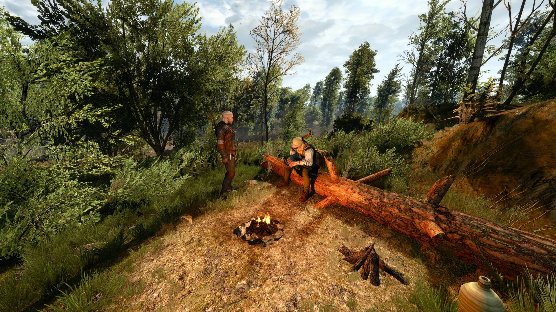 Geralt of Rivia from the video game The Witcher 3: Wild Hunt sits on a fallen log beside a campfire in a sunlit forest — 8K Ultra HD PC desktop wallpaper.