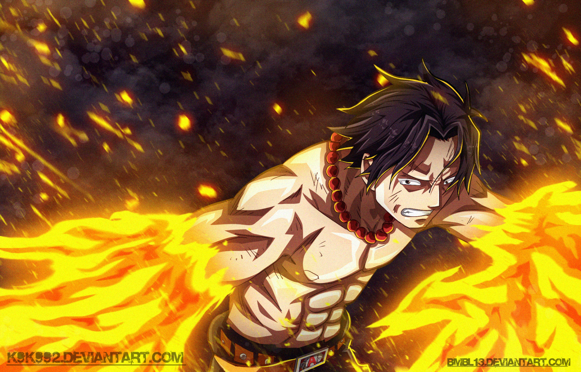 HD anime desktop wallpaper featuring Portgas D. Ace from One Piece, surrounded by dynamic fiery flames in an intense action pose.