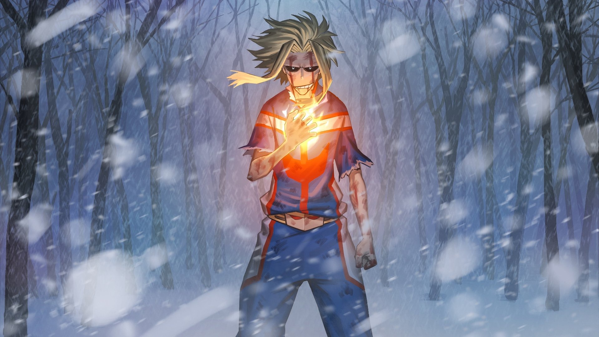 Anime character Toshinori Yagi (All Might) from My Hero Academia stands in a snowy forest, his hand glowing with fire. HD desktop wallpaper showing power and determination in a wintry setting.