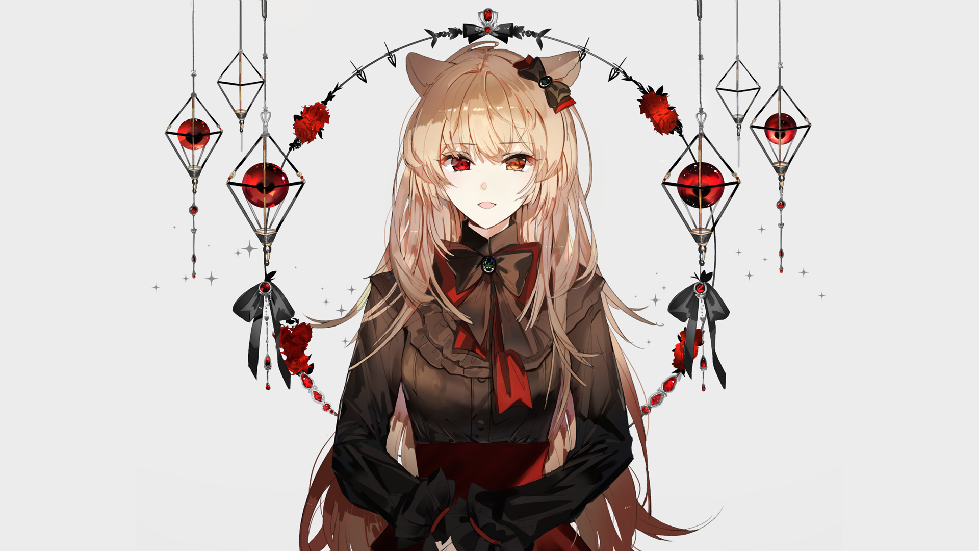 HD desktop wallpaper featuring an original anime character with long hair, animal ears, and a gothic-style dress, set against an ornate backdrop with hanging decorations.