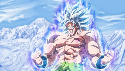An HD desktop wallpaper featuring Broly from Dragon Ball Super: Broly, depicting an intense, powerful form against a snowy mountain backdrop. The image showcases Broly with glowing energy and icy blue hair.