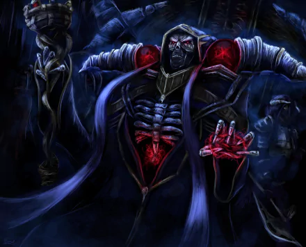 A HD desktop wallpaper featuring Ainz Ooal Gown from the anime Overlord. Depicts a powerful magician warrior with a skull-like face and demon elements, emanating dark energy.