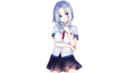 HD PC desktop wallpaper background of an anime girl: blue-haired, blue-eyed student in a white blouse, red tie and navy skirt on a clean white backdrop.
