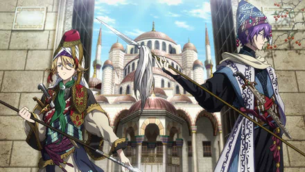 Anime HD desktop wallpaper featuring Zehir Zaganos and Tughril Mahmut from Shoukoku no Altair standing in front of an ornate, historic building under a bright sky.