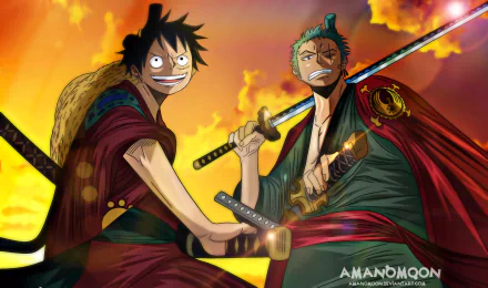 A 4K Ultra HD anime desktop wallpaper featuring One Piece characters Monkey D. Luffy and Roronoa Zoro against a vibrant sunset sky.