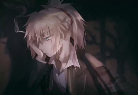 HD PC desktop wallpaper featuring Mordred, the Saber of Red from the anime Fate/Apocrypha, depicted with a somber expression in dark, moody lighting.