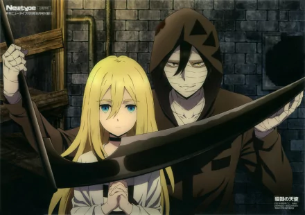 HD desktop wallpaper featuring Rachel Gardner and Zack from the anime Satsuriku no Tenshi (Angels of Death), standing together in a dark setting with a large scythe.