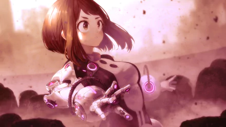 HD desktop wallpaper featuring Ochaco Uraraka from the anime My Hero Academia, depicted in dynamic motion with a vibrant background, showcasing her heroic determination.