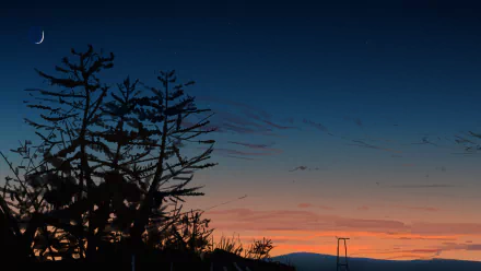 HD anime wallpaper featuring a tranquil sunset with silhouettes of trees and a crescent moon in the sky.