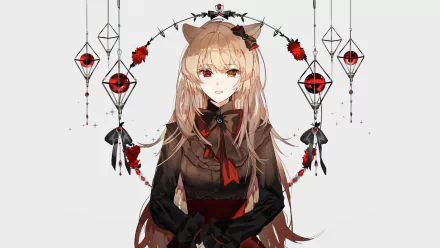 HD desktop wallpaper featuring an original anime character with long hair, animal ears, and a gothic-style dress, set against an ornate backdrop with hanging decorations.