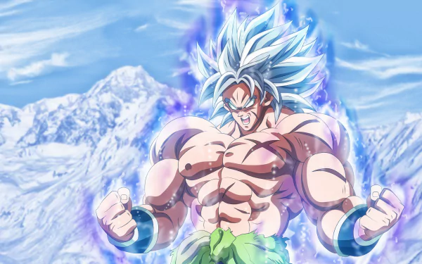 An HD desktop wallpaper featuring Broly from Dragon Ball Super: Broly, depicting an intense, powerful form against a snowy mountain backdrop. The image showcases Broly with glowing energy and icy blue hair.