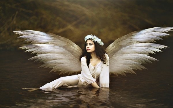Women Angel Fantasy Wings Model Black Hair Wreath Lipstick HD Wallpaper | Background Image