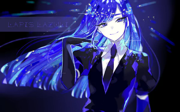 HD anime desktop wallpaper featuring Lapis Lazuli from Land of the Lustrous, showcasing vibrant blue tones and sparkling crystal-like effects.