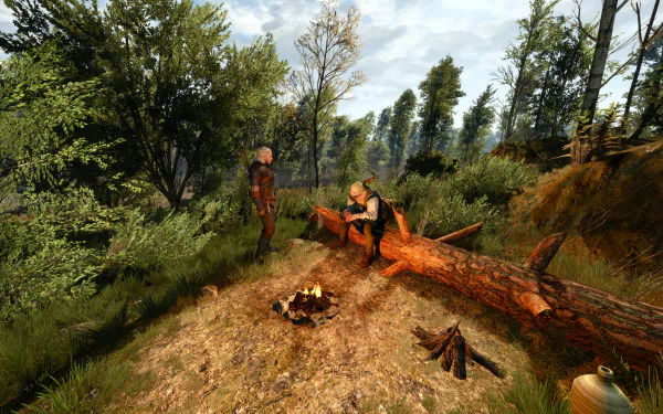 Geralt of Rivia from the video game The Witcher 3: Wild Hunt sits on a fallen log beside a campfire in a sunlit forest — 8K Ultra HD PC desktop wallpaper.