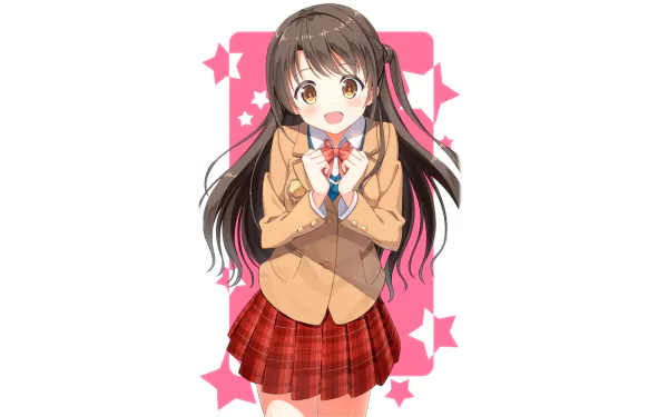 Anime HD wallpaper of Uzuki Shimamura from The iDOLM@STER Cinderella Girls, featuring her in a school uniform with brown hair against a pink starry background.