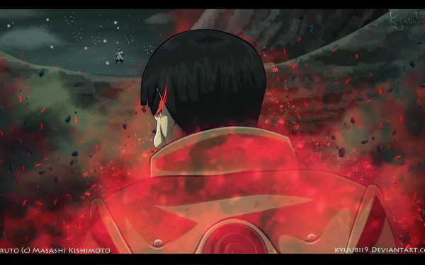 HD Naruto anime desktop wallpaper featuring Might Guy activating the Eight Gates, with Madara Uchiha in the background amidst an intense, fiery atmosphere.