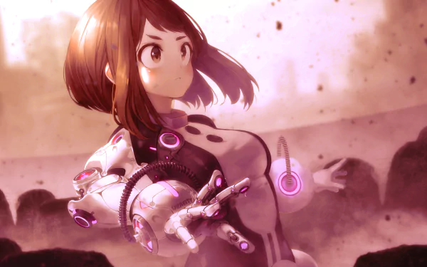HD desktop wallpaper featuring Ochaco Uraraka from the anime My Hero Academia, depicted in dynamic motion with a vibrant background, showcasing her heroic determination.